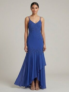 Blue Beaded Spaghetti Strap Full-Length Gown - Small